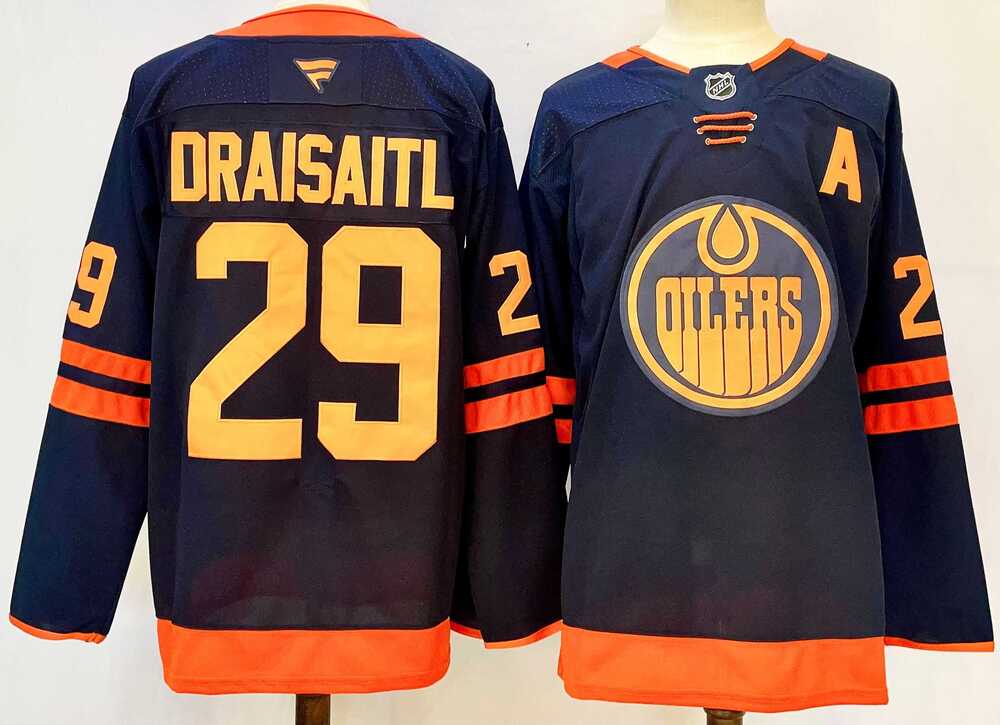 Mens Edmonton Oilers #29 Leon Draisaitl Navy 2024-25 A Patch Stitched Jersey